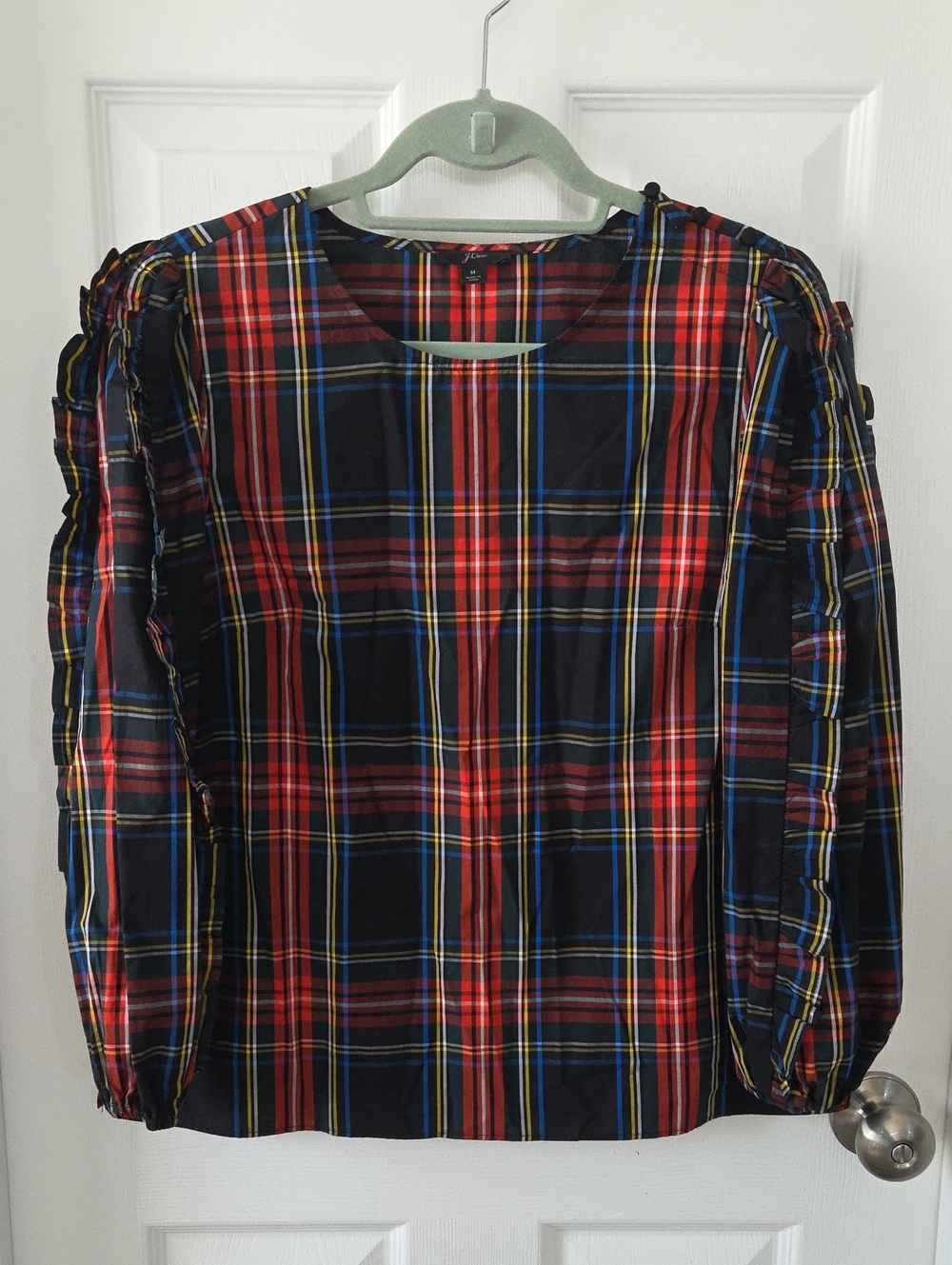 J.Crew Tartan Plaid Ruffle Sleeve Blouse Size M Holiday Preppy Top